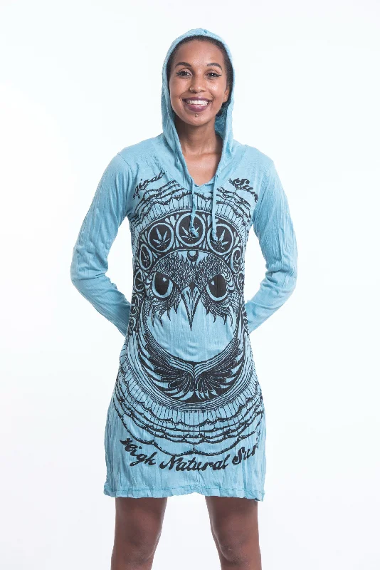 Sure Design Women's Weed Owl Hoodie Dress Turquoise