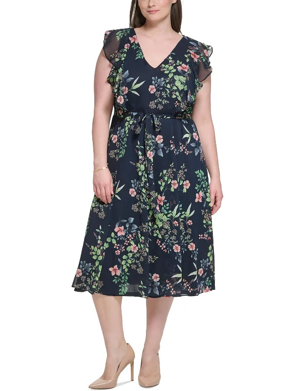 Plus Womens Floral Flutter Sleeves Midi Dress