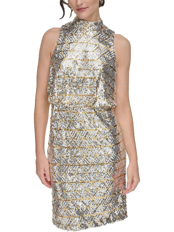 Womens Sequined Mock Neck Cocktail And Party Dress