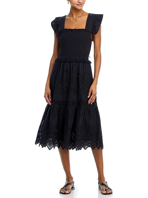 Womens Eyelet Smocked Midi Dress