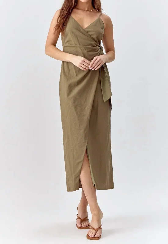 Aniston Wrap Tie Slip Linen Dress In Deep Olive