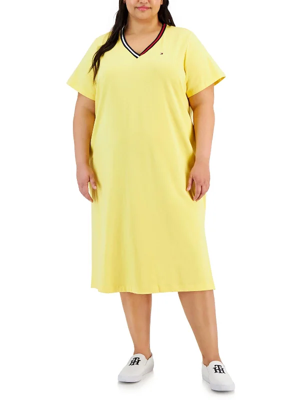 Plus Womens V-Neck Midi T-Shirt Dress