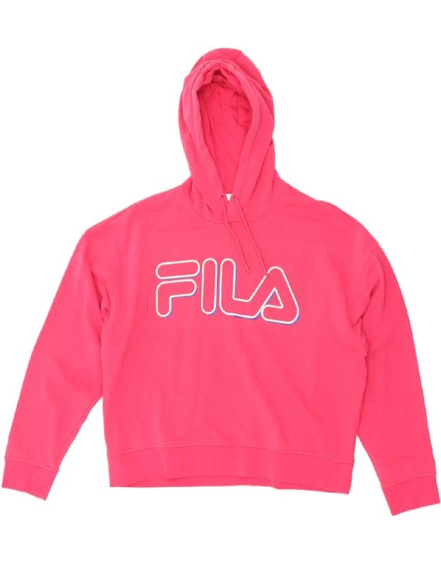 FILA Womens Graphic Hoodie Jumper UK 14 Medium Pink Cotton