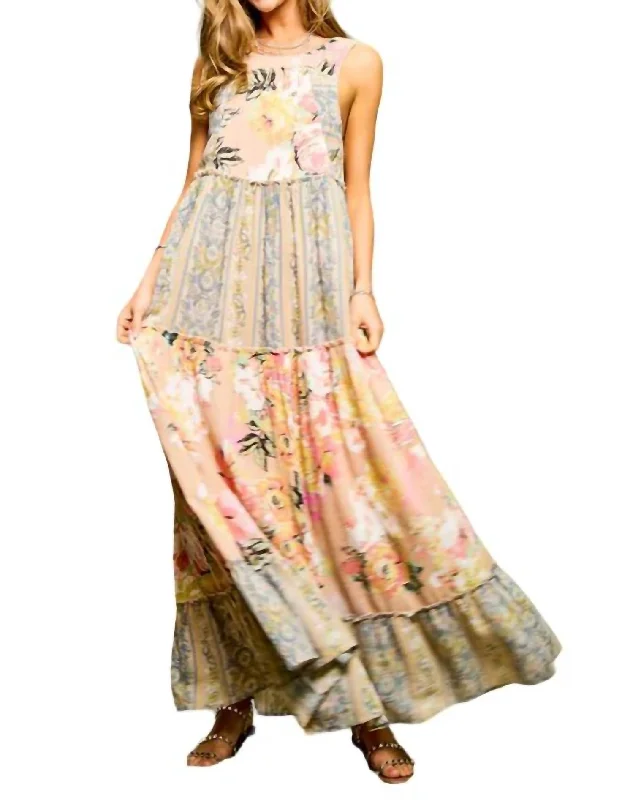 Floral Boho Stripe Mixed Maxi Dress In Pink Beige