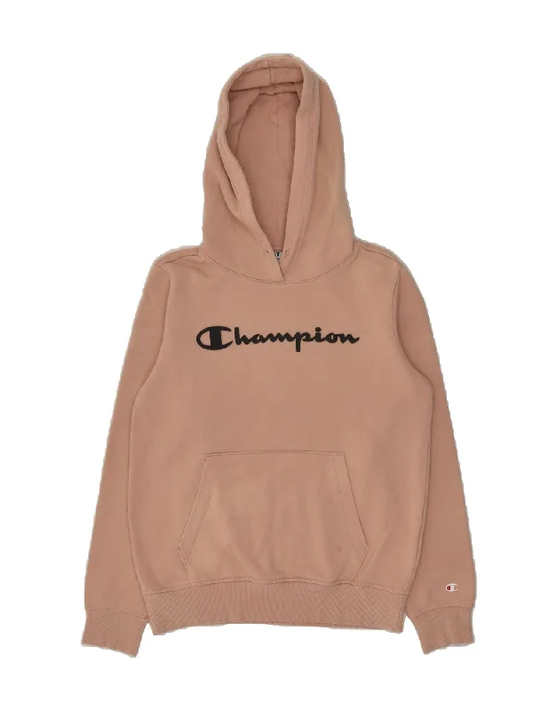 CHAMPION Womens Graphic Hoodie Jumper UK 12 Medium Beige Cotton