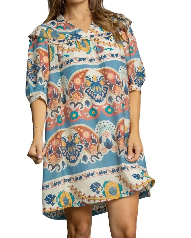 Border Dress In Blue Mix