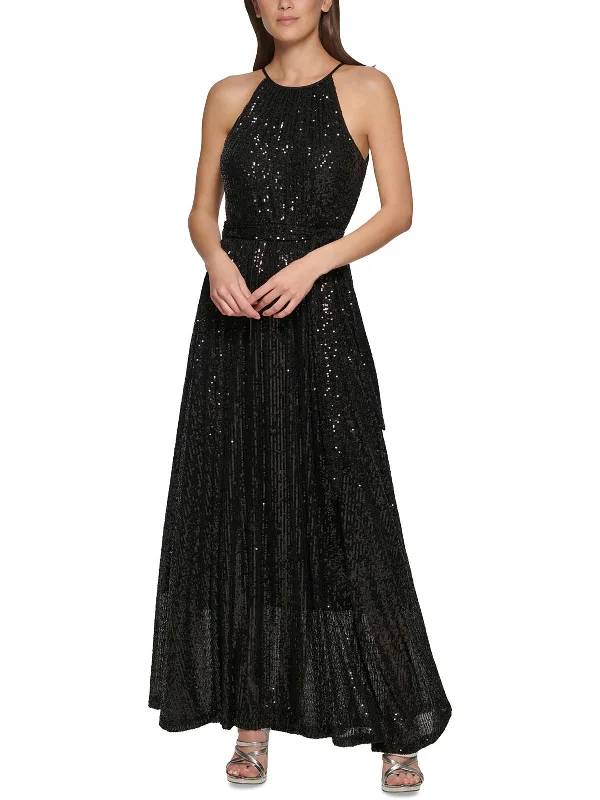 Womens Sequined Halter Evening Dress