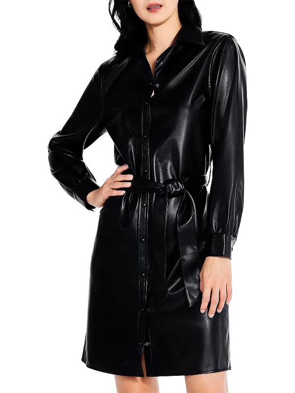 Womens Faux Leather Knee Length Shirtdress