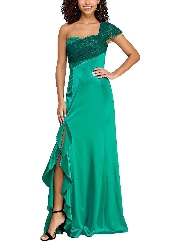 Juniors Womens One Shoulder Ruffled Evening Dress