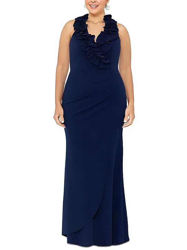 Plus Womens Ruffled Sleeveless Evening Dress