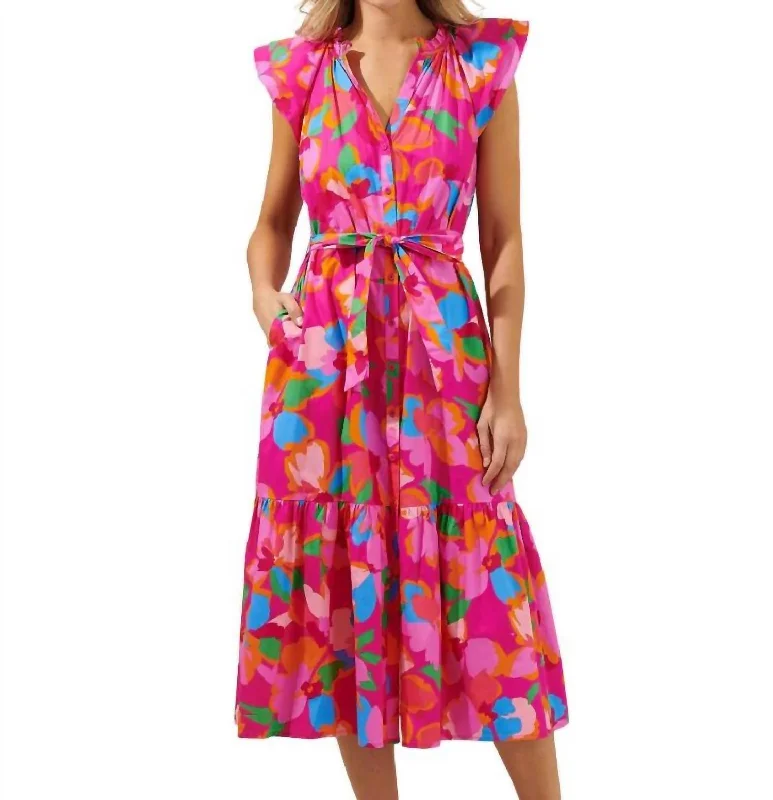 Daphne Button Midi Dress In Fuschia Multi