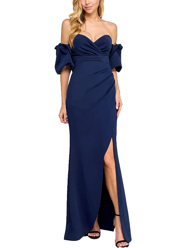 Juniors Womens Off-The-Shoulder Ruched Evening Dress