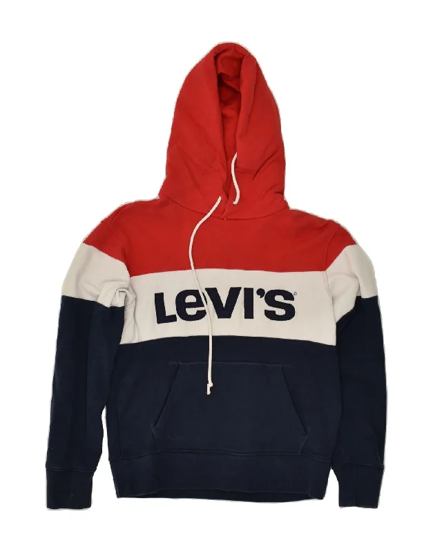 LEVI'S Womens Oversized Graphic Hoodie Jumper UK 6 XS Navy Blue Striped