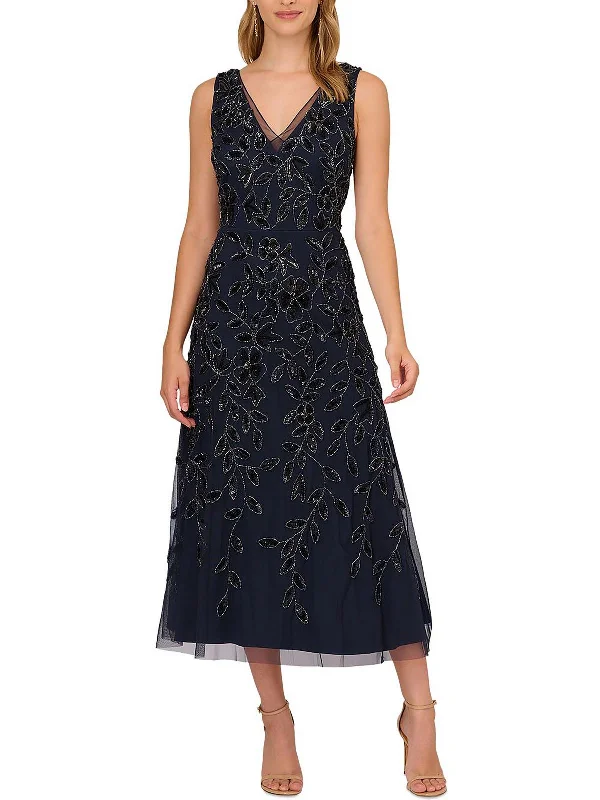 Womens Floral Beaded Sequin Midi Dress