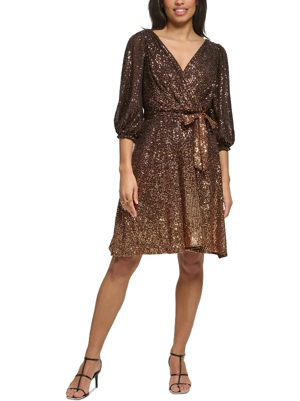 Petites   Womens Sequined Polyester Wrap Dress