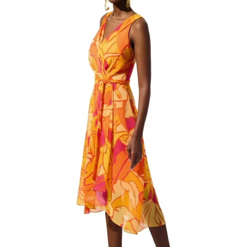 Chiffon Tropical Print Dress In Orange