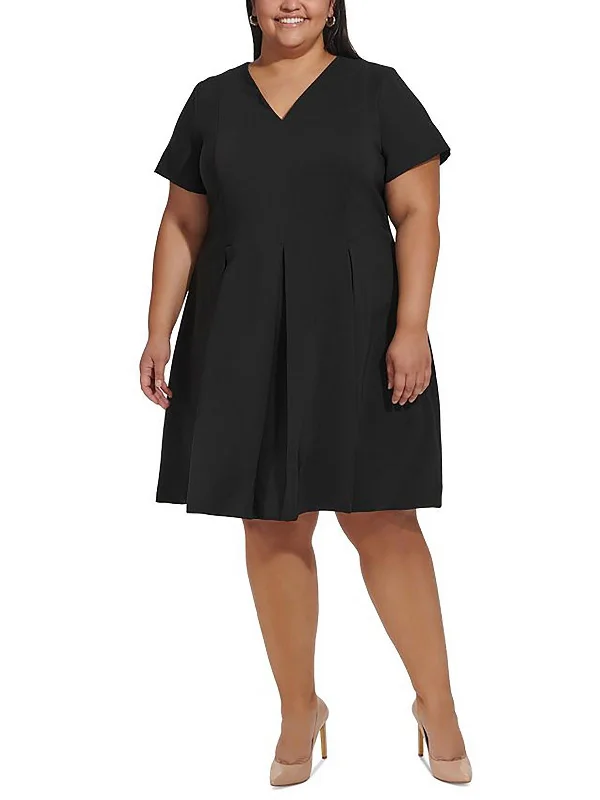 Plus Womens Pleated Knee Length Fit & Flare Dress