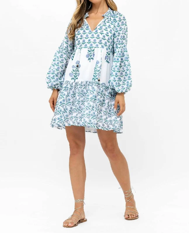 Balloon Sleeve Short Dress In Terra Blue