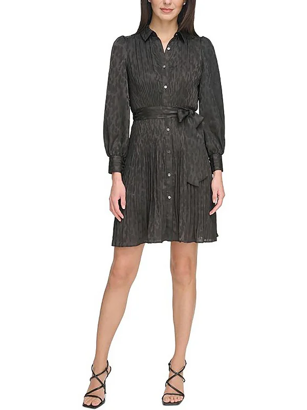 Petites Womens Jacquard Paint Brush Print Shirtdress