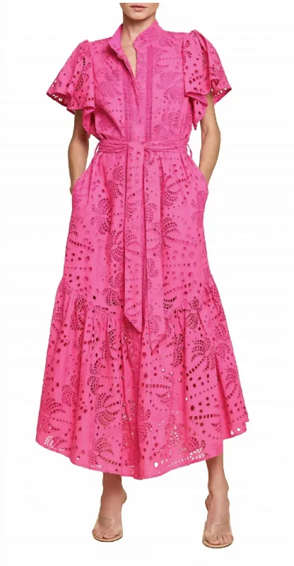 Eyelet Midi Dress In Hot Pink