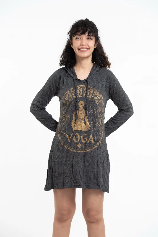 Sure Design Women's Yoga Stamp Hoodie Dress Gold on Black