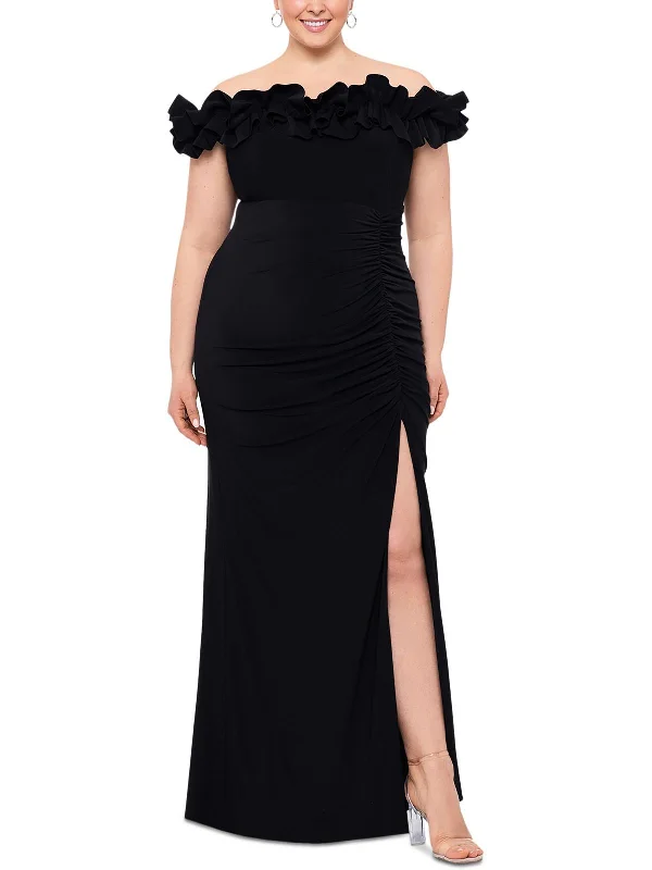 Plus Womens Full Length Off-The-Shoulder Evening Dress