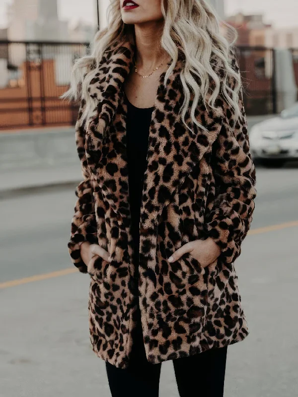 Brown Leopard Faux Fur Midi Coat