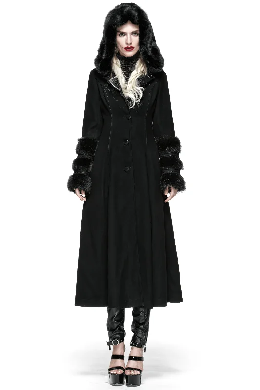 Elegant Hooded Coat with Lace-Up Back and Fur Cuffs