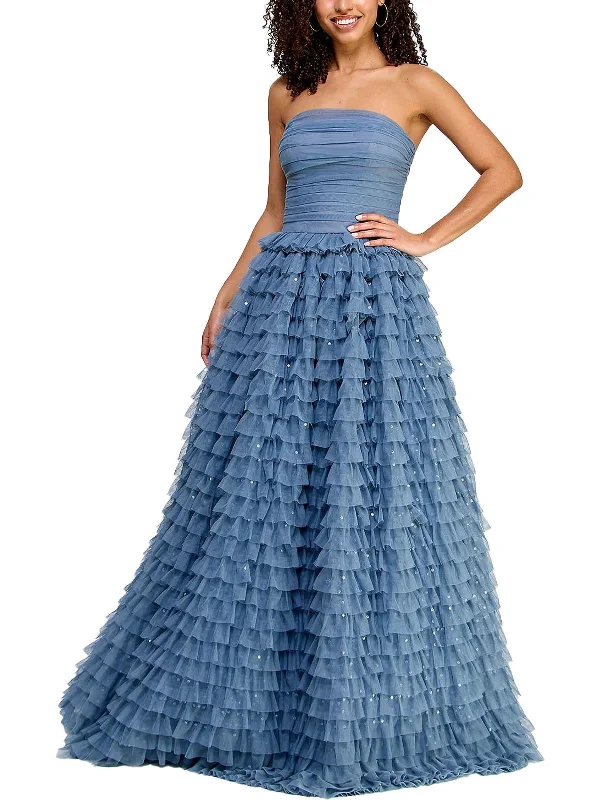 Juniors Womens Tiered Ruffled Evening Dress