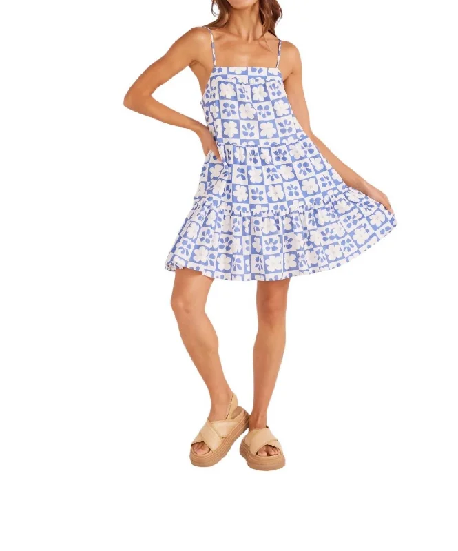 Vivi Tiered Mini Dress In Blue/white Floral