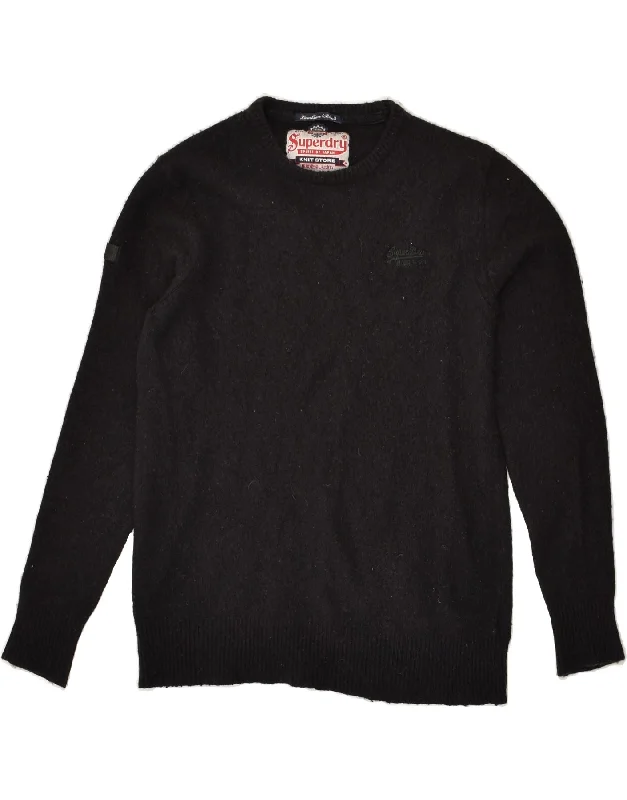 SUPERDRY Womens Crew Neck Jumper Sweater UK 14 M Black Lambswool