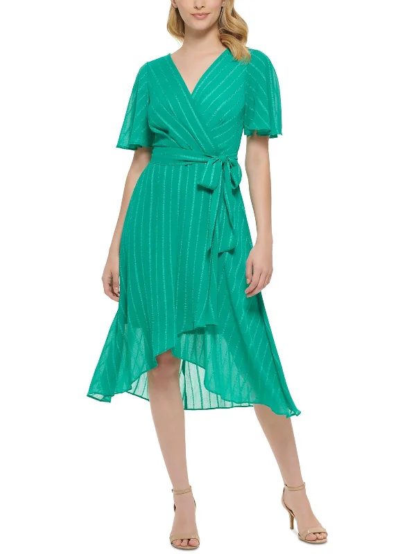 Womens Belted Faux-Wrap Wrap Dress