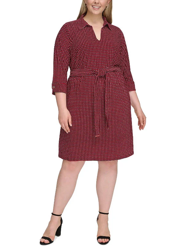 Plus Womens Houndstoth V-Neck Shirtdress