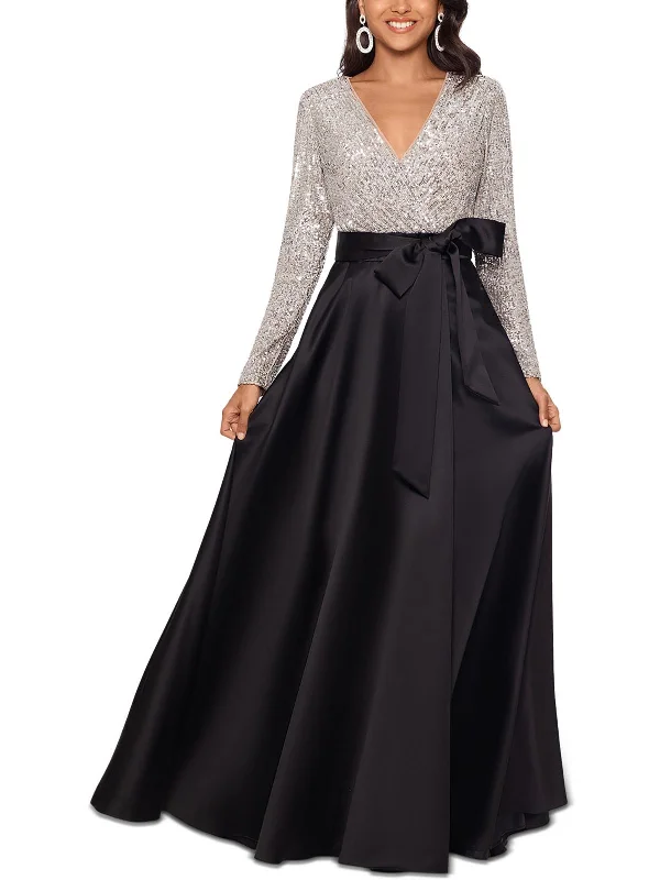 Petites Womens Sequined Maxi Evening Dress