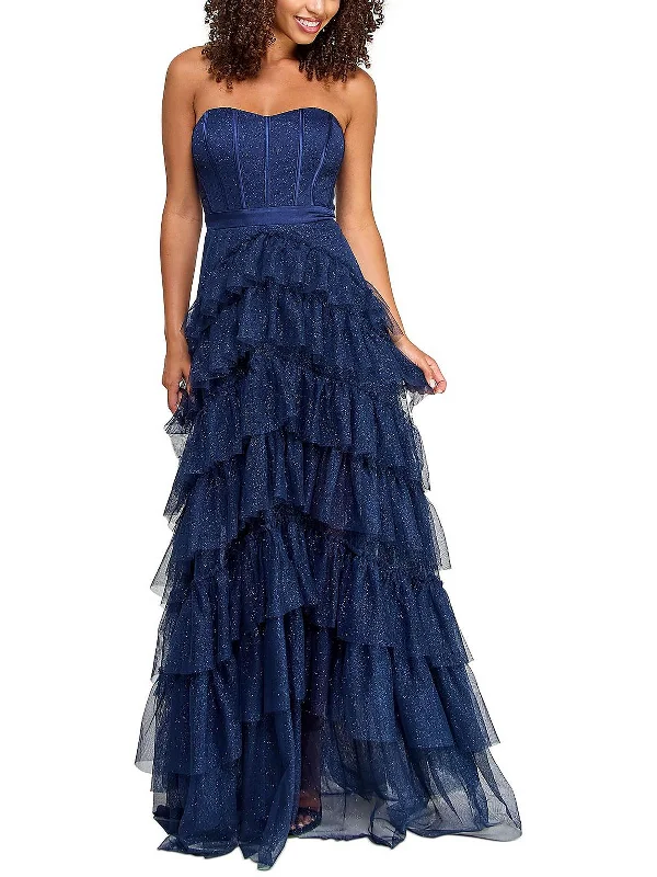 Juniors Womens Glitter Tiered Evening Dress