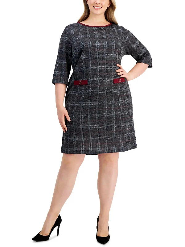 Plus Womens Knit Plaid Sheath Dress