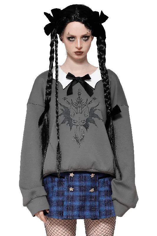 Gothic Collar Bow Sweatshirt with Unique Cat Design