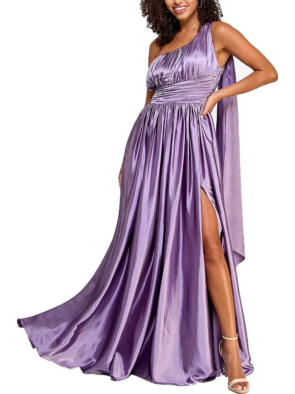 Juniors Womens Satin One Shoulder Evening Dress