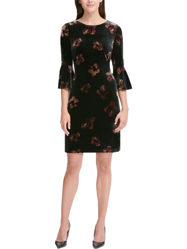 Womens Velvet Floral Print Party Dress