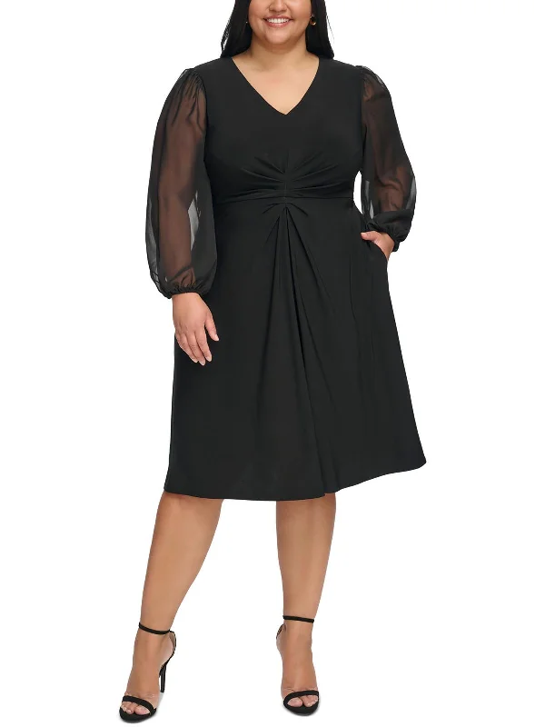 Plus Womens Gathered Sheer Midi Dress