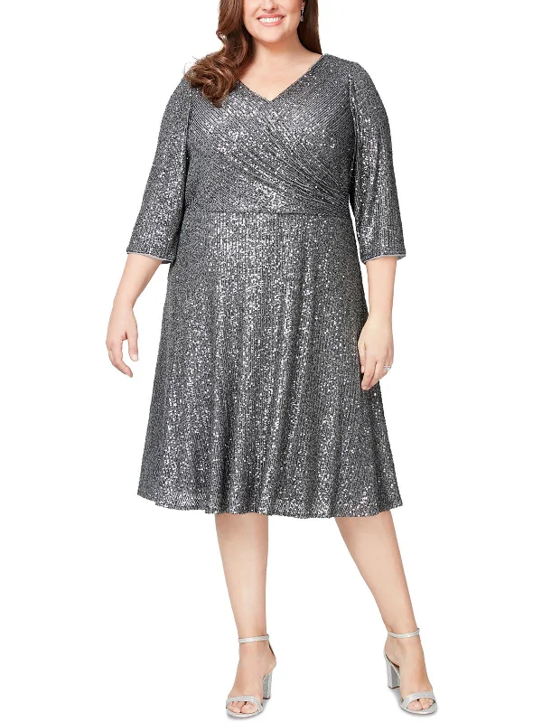 Plus Womens Sequined Midi Cocktail And Party Dress