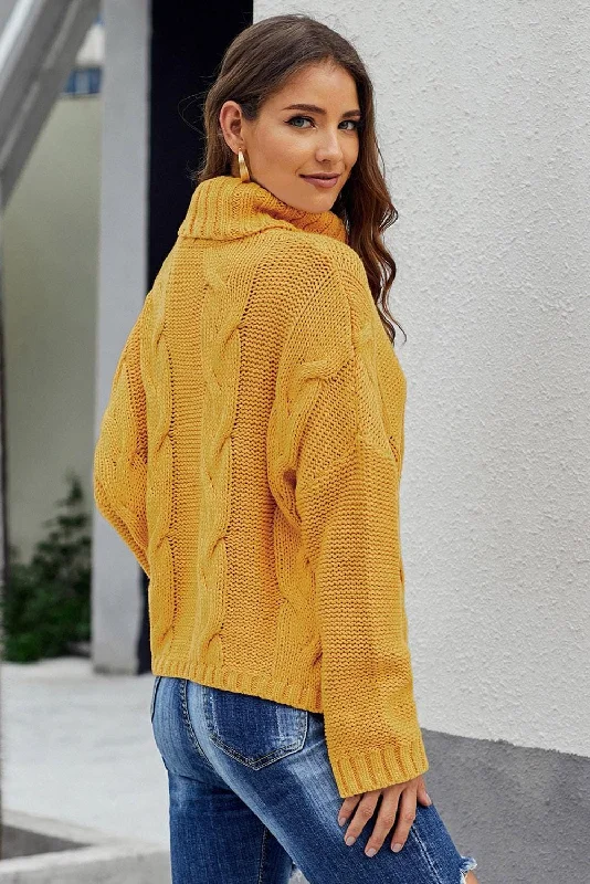 Women's Mustard Yellow Cable Knit Cowl Neck Sweater