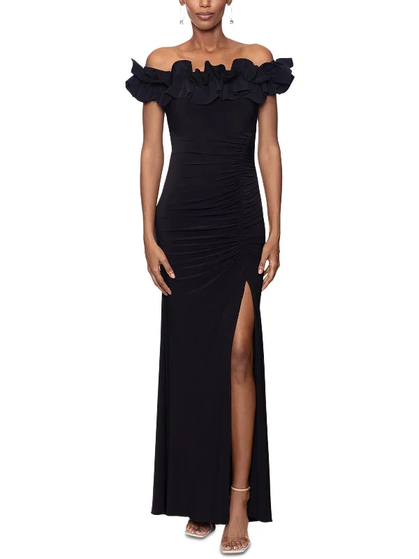 Womens Ruffled Off-The-Shoulder Evening Dress