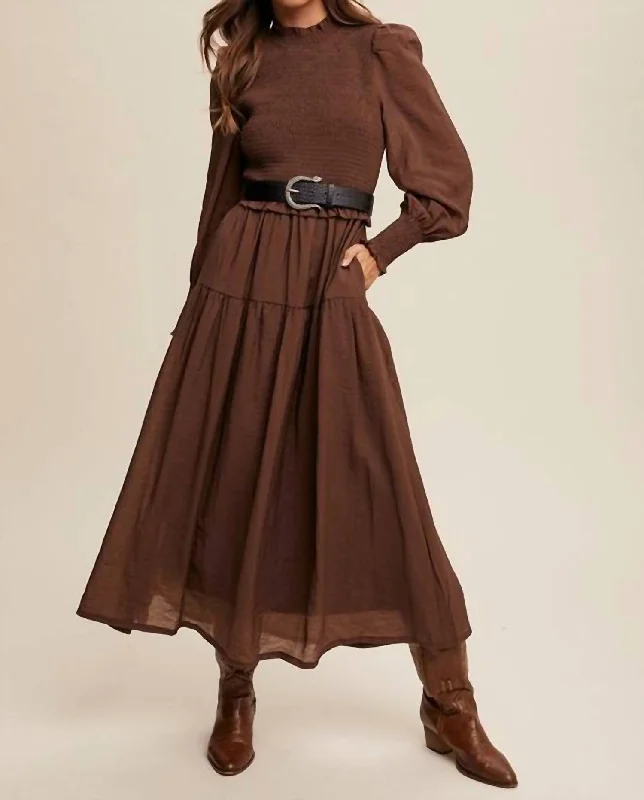 Peasant Smocked Ruffle Maxi Dress In Mocha