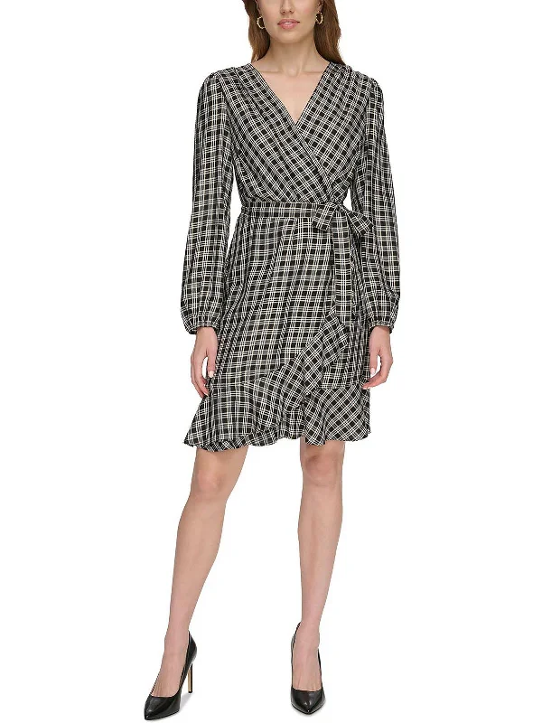 Womens Checker Ruffle Hem Wrap Dress