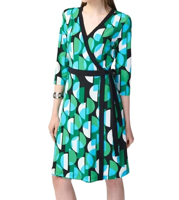 Geometric Print Silky Knit Wrap Dress In Green Multi