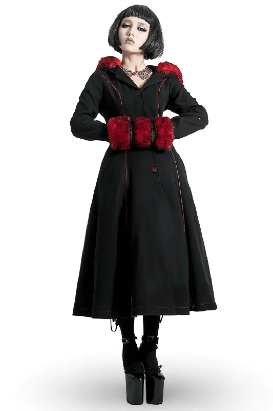 Female Gothic Long Coat with Red Faux Fur Trim