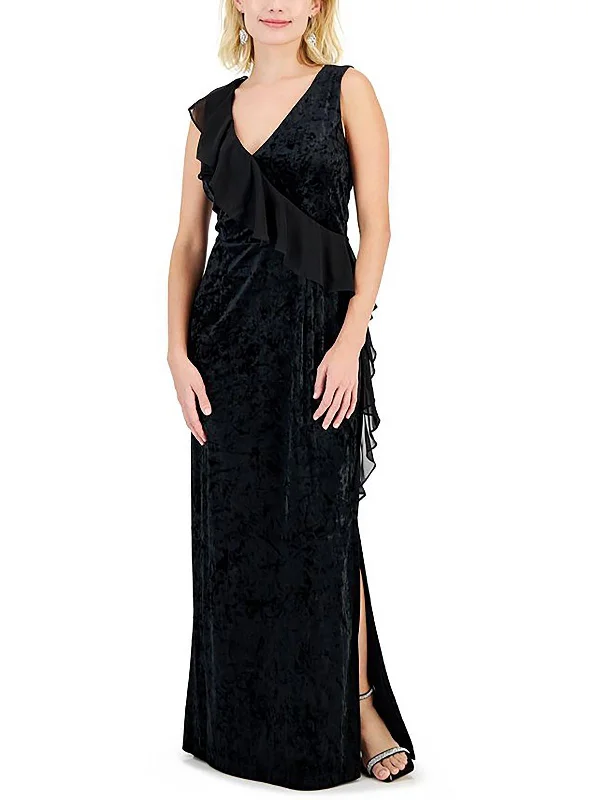 Petites Womens Velvet Ruffled Evening Dress