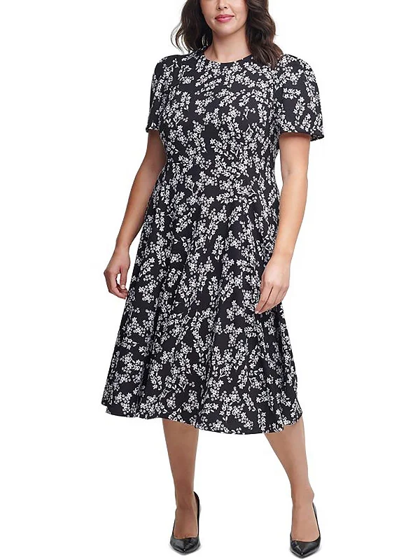 Plus Womens Floral Print Mid Calf Fit & Flare Dress