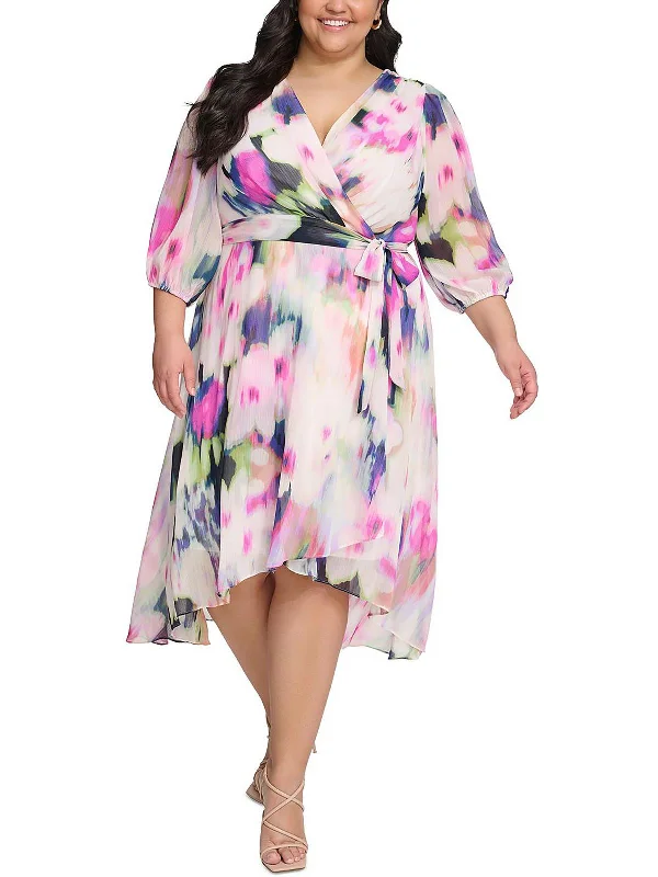 Plus Womens Abstract Midi Wrap Dress